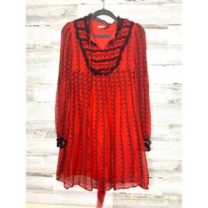 Cacharel women's size 2 red black silk embroidered lined belted mini dress boho